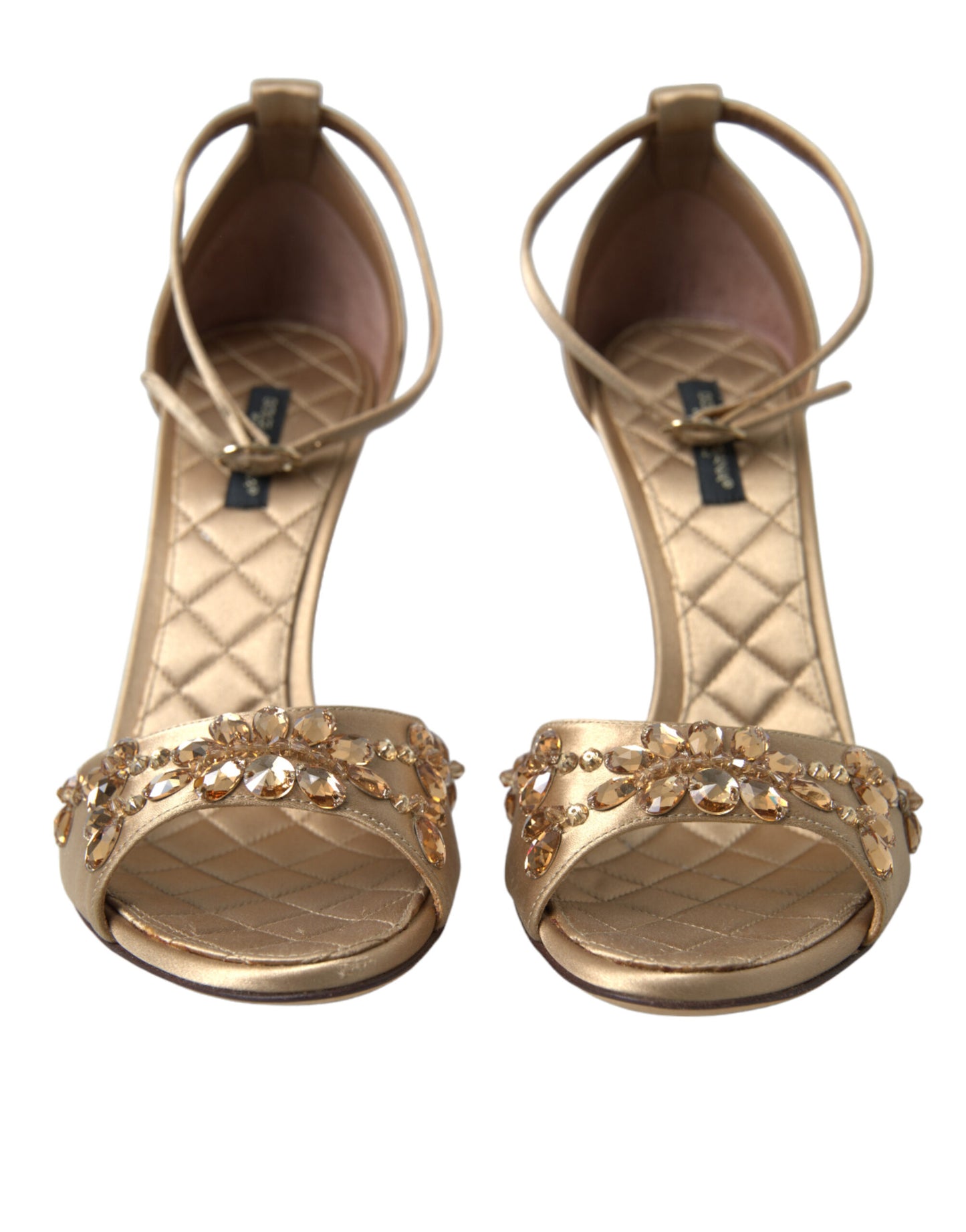 Dolce &amp; Gabbana Gold Satin Knöchelriemen Kristall Sandalen Schuhe