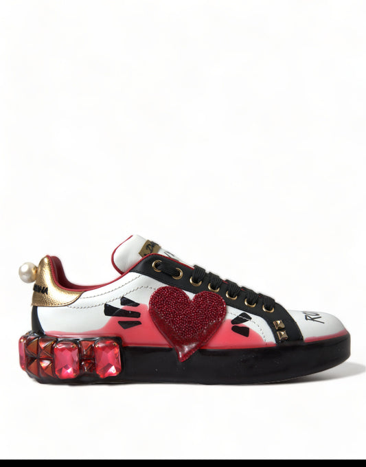 Dolce &amp; Gabbana Weiße rote Kristalle Portofino Sneakers Damenschuhe