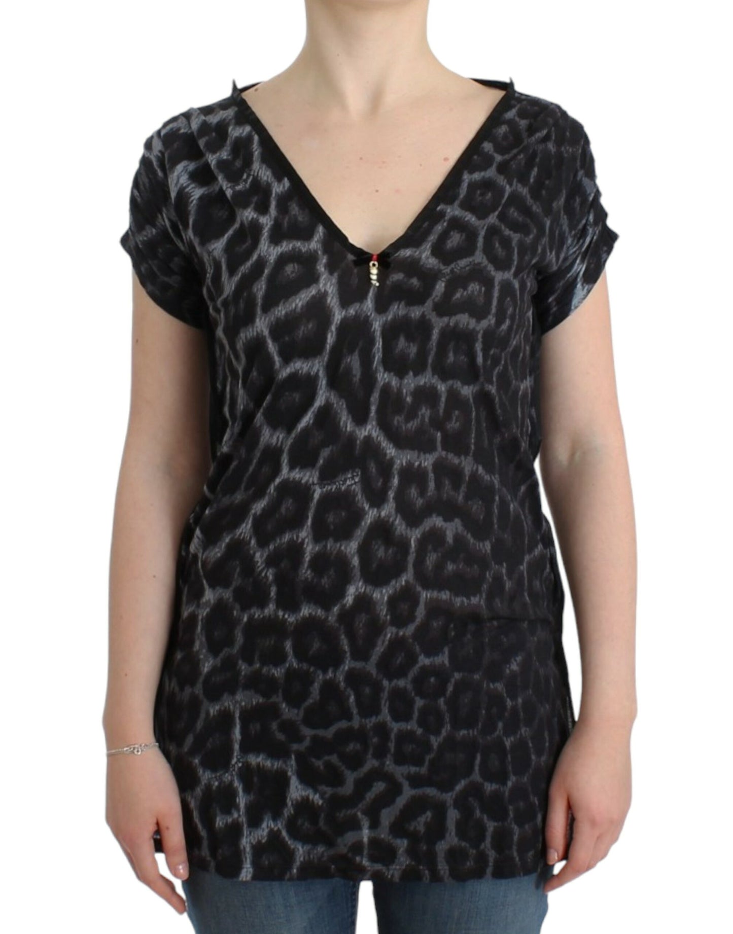 Cavalli Grey leopard v-neck na pang-itaas