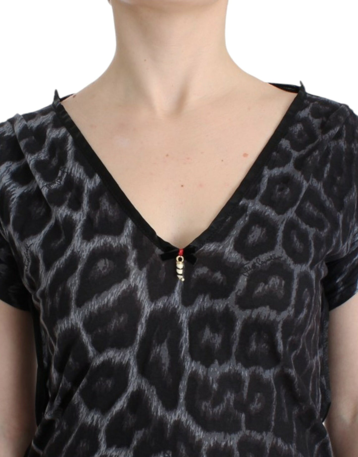 Cavalli Graues Leoparden-Top mit V-Ausschnitt