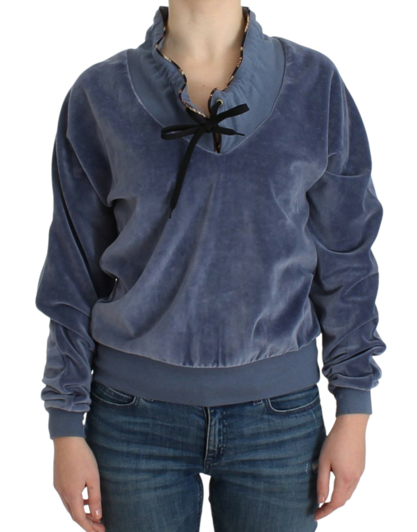 Cavalli Blauer Samt-Baumwollpullover