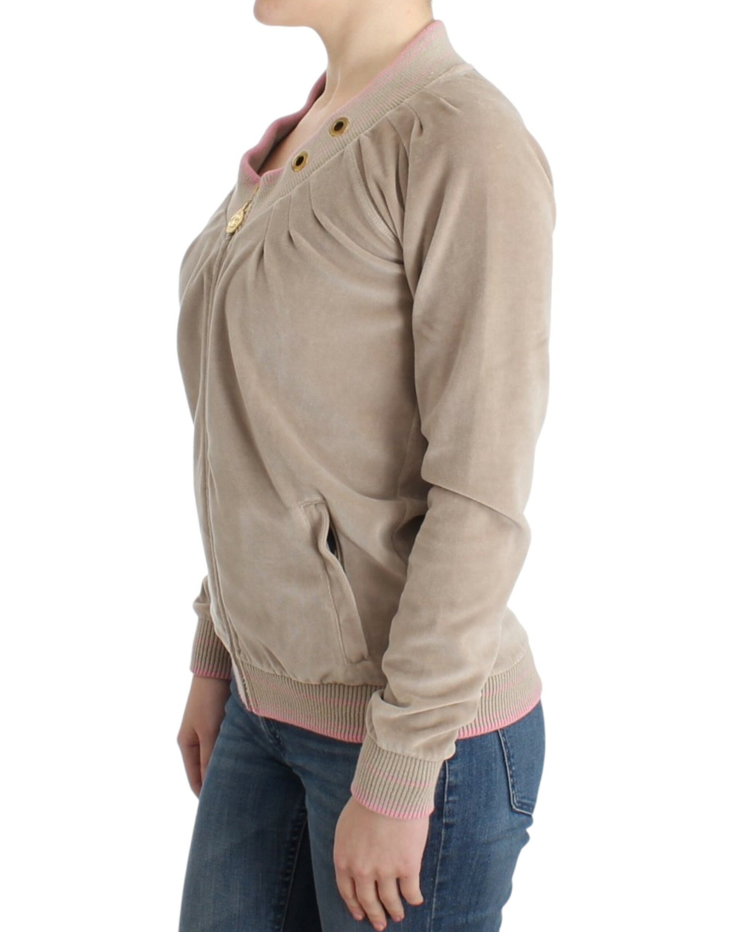 Cavalli Beige Samtpullover mit Reißverschluss