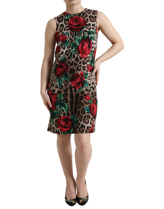 Dolce &amp; Gabbana Brown Leopard Red Roses Wool A-line na Dress