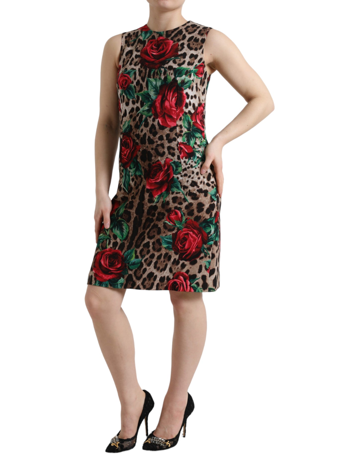 Dolce &amp; Gabbana Brown Leopard Red Roses Wool A-line na Dress