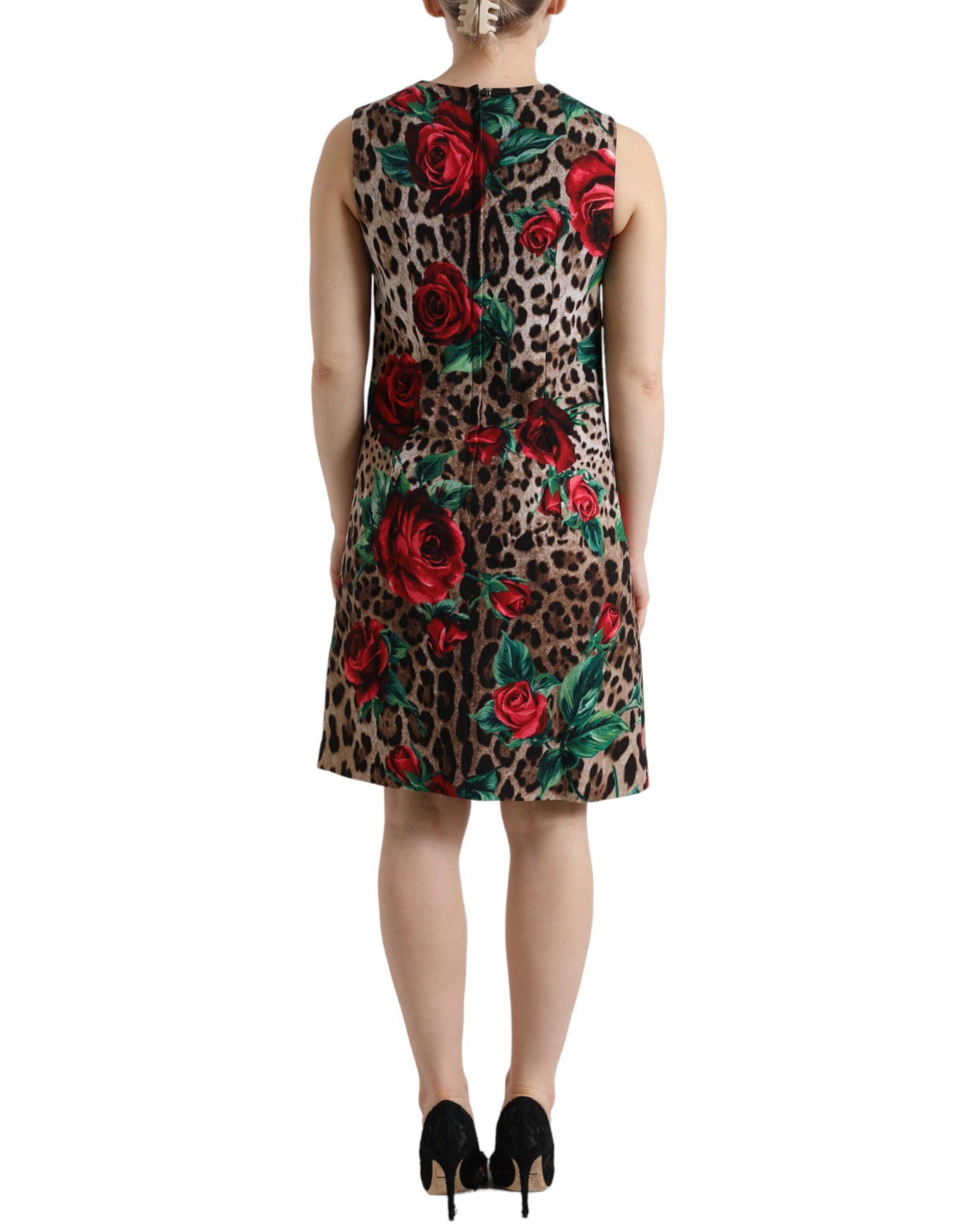 Dolce &amp; Gabbana Brown Leopard Red Roses Wool A-line na Dress