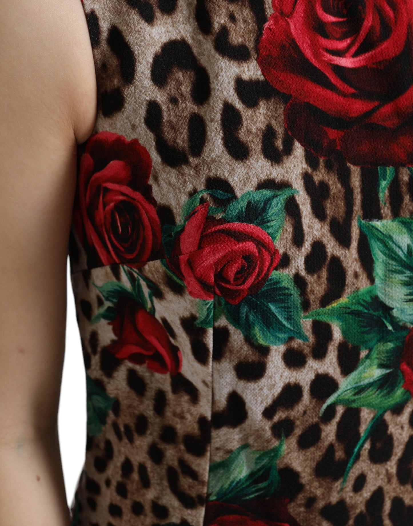 Dolce &amp; Gabbana Brown Leopard Red Roses Wool A-line na Dress