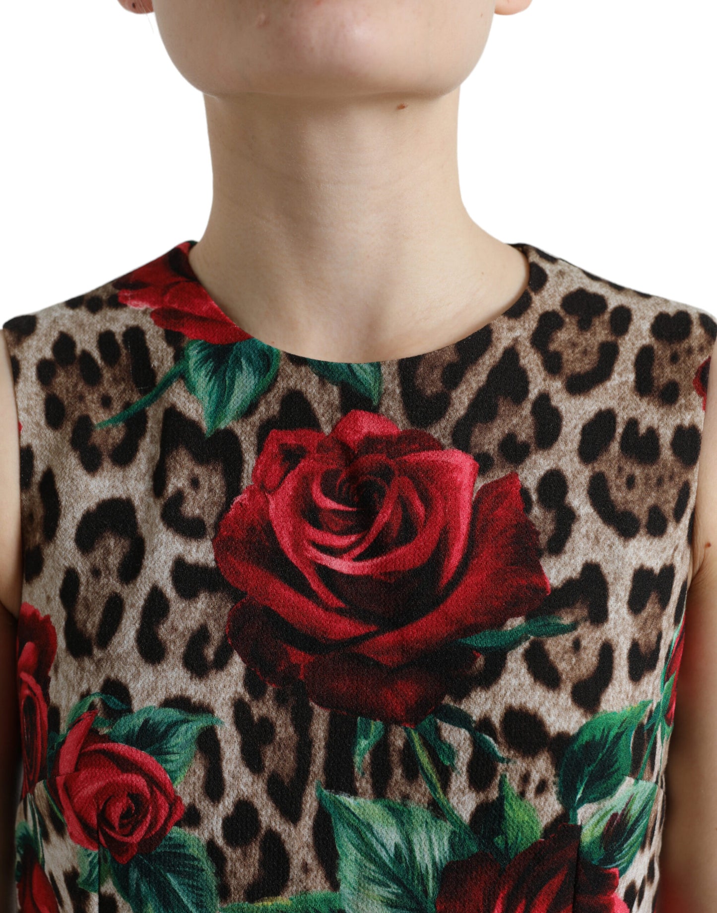 Dolce &amp; Gabbana Brown Leopard Red Roses Wool A-line na Dress