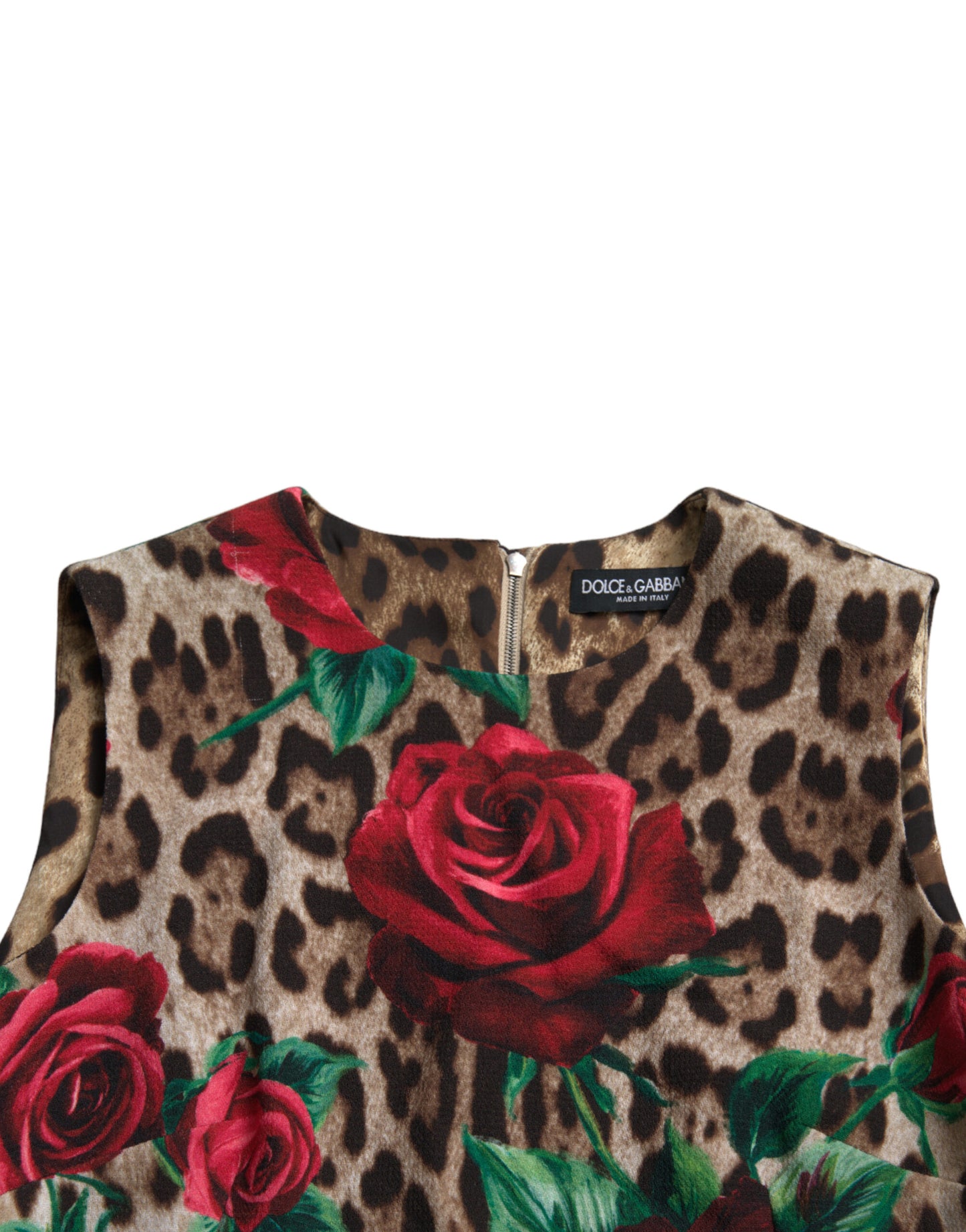 Dolce &amp; Gabbana Brown Leopard Red Roses Wool A-line na Dress