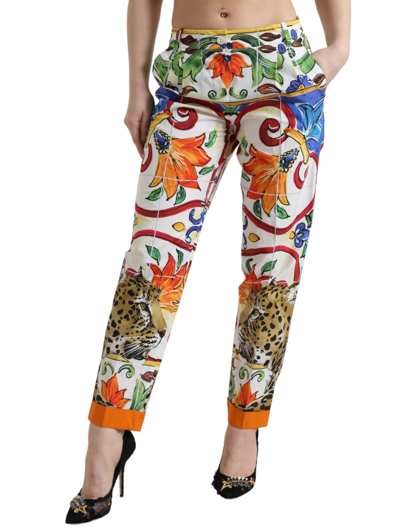 Dolce &amp; Gabbana White Majolica Print Tapered Mid Waist Pants