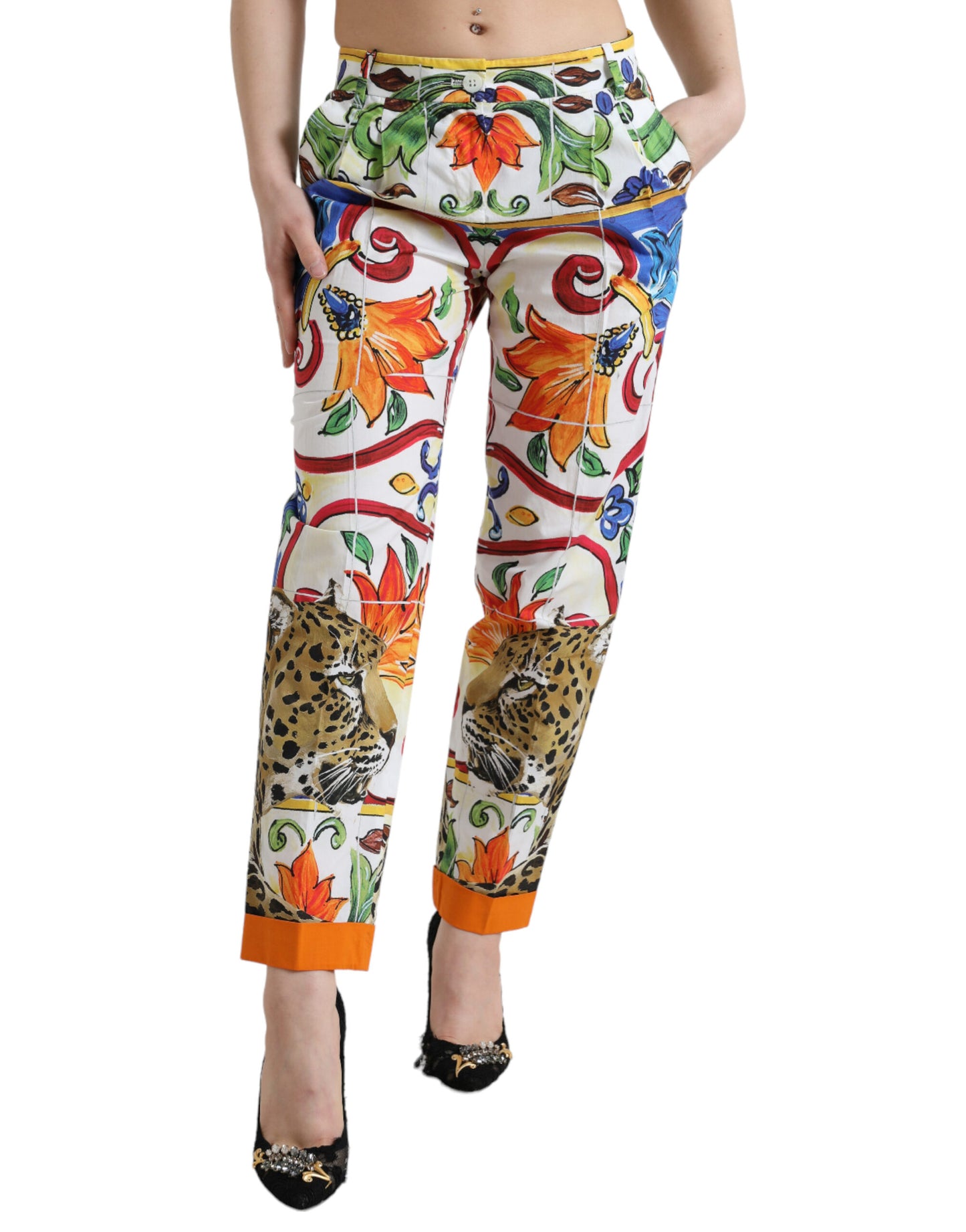 Dolce &amp; Gabbana White Majolica Print Tapered Mid Waist Pants