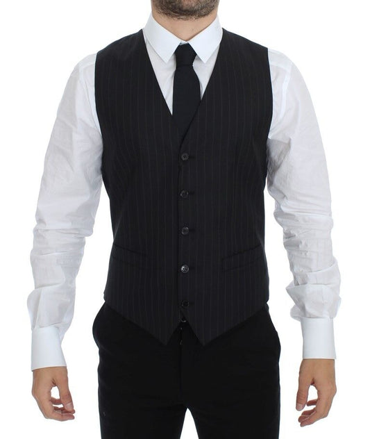 Dolce &amp; Gabbana Black Striped Wool Silk Dress Vest Gilet