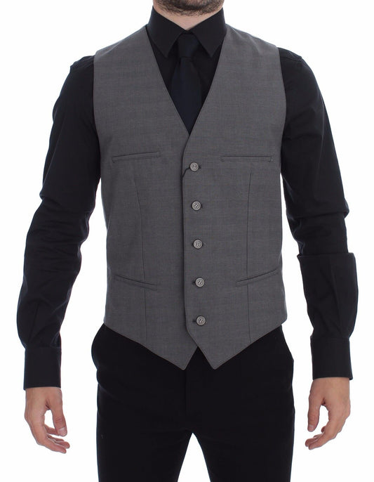 Dolce &amp; Gabbana Grey Cotton Slim Fit Button Front Dress Vest