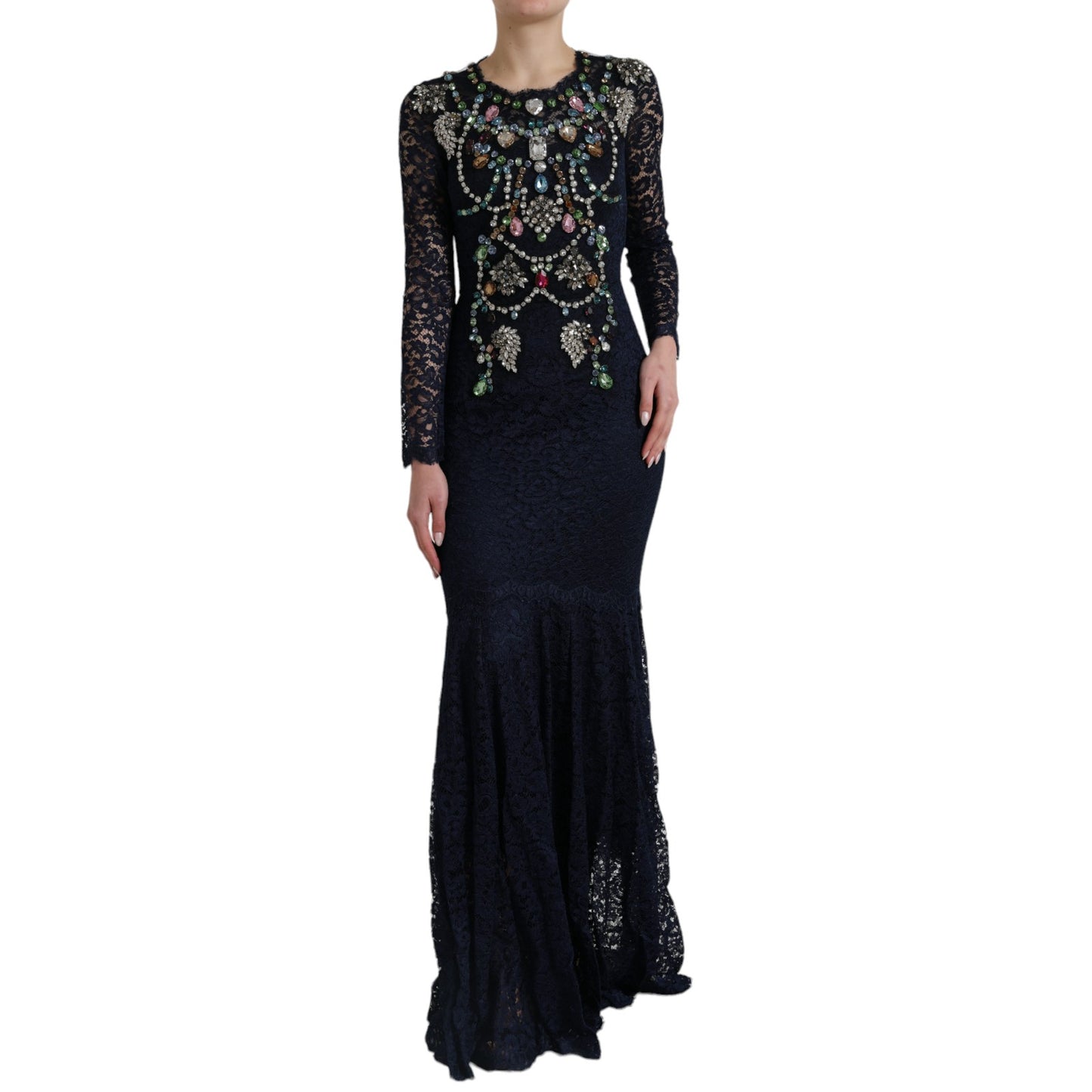 Dolce &amp; Gabbana Blue Crystal Floral Lace Long Gown Dress