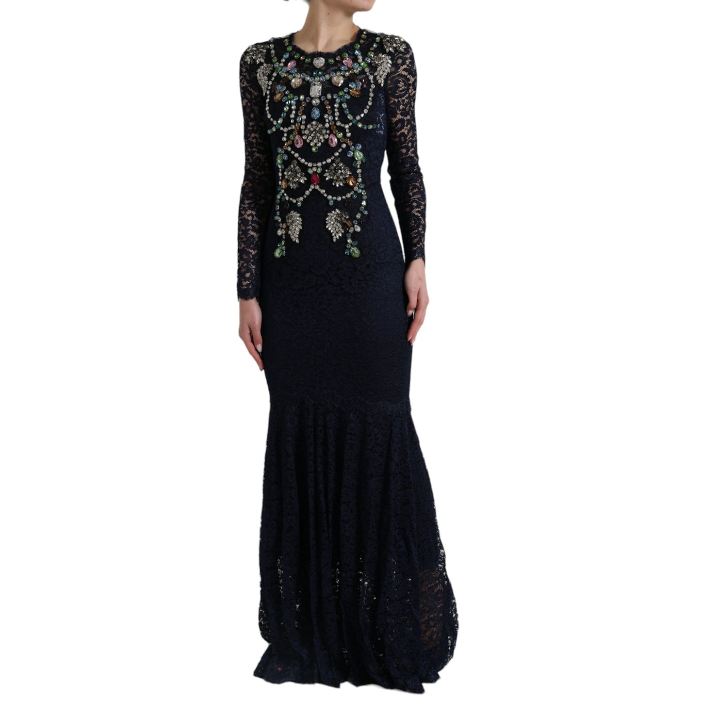 Dolce &amp; Gabbana Blue Crystal Floral Lace Long Gown Dress