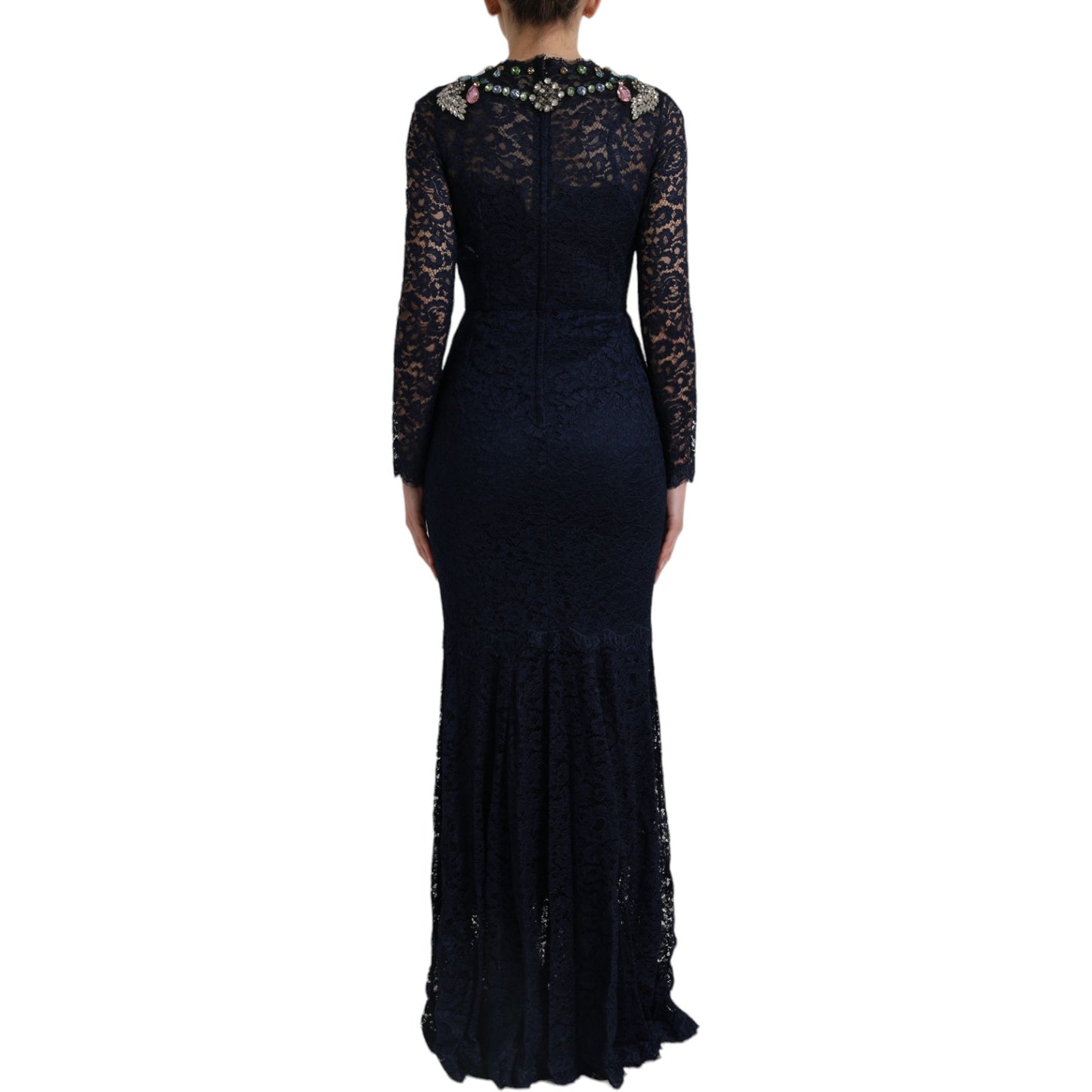 Dolce &amp; Gabbana Blue Crystal Floral Lace Long Gown Dress