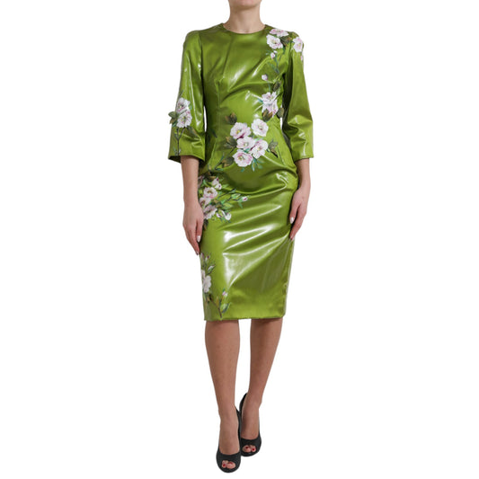 Dolce &amp; Gabbana Green Floral Embellished Sheath Midi Dress