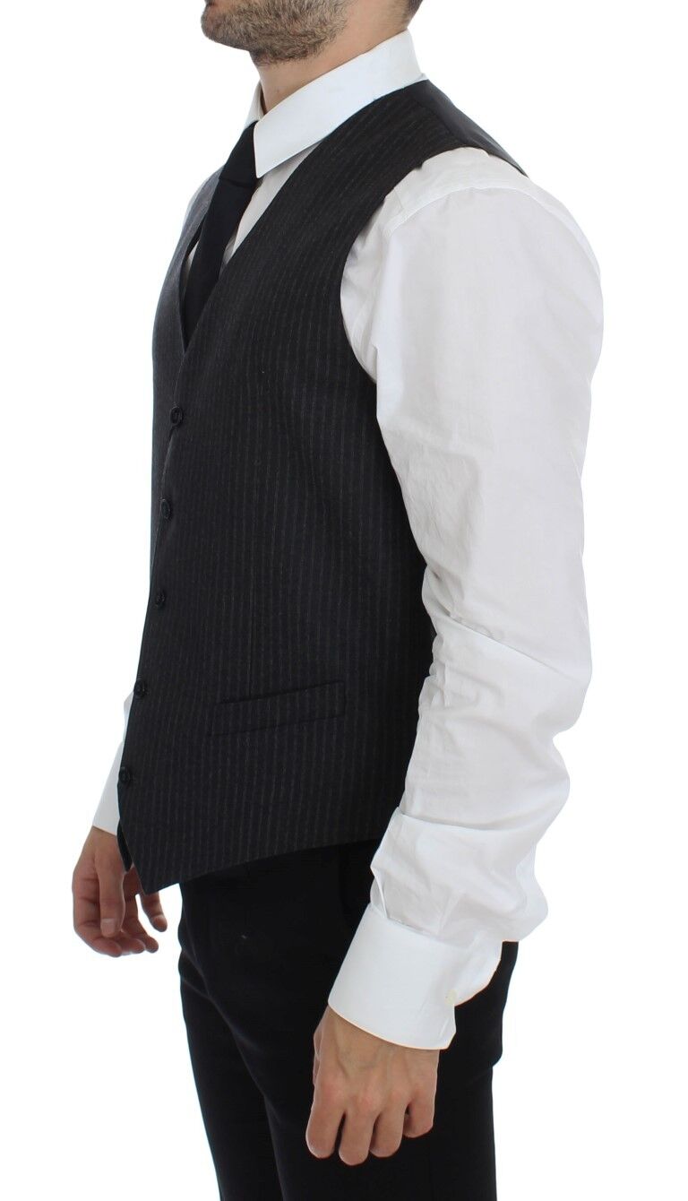 Dolce &amp; Gabbana Gray Striped Wool Single Breasted Vest