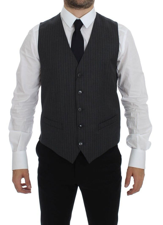 Dolce &amp; Gabbana Gray Striped Wool Single Breasted Vest