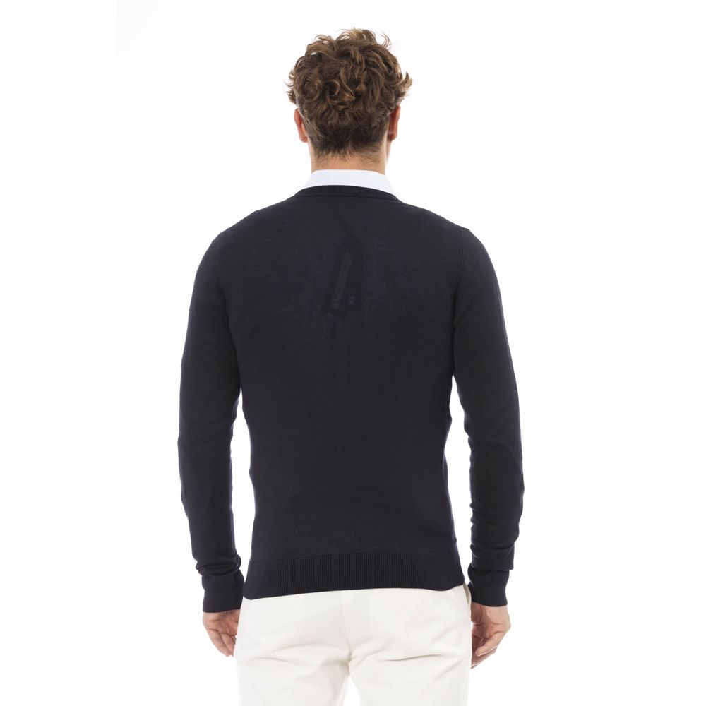 Baldinini Trend Chic Blue V-Neck Sweater na may Signature Detail