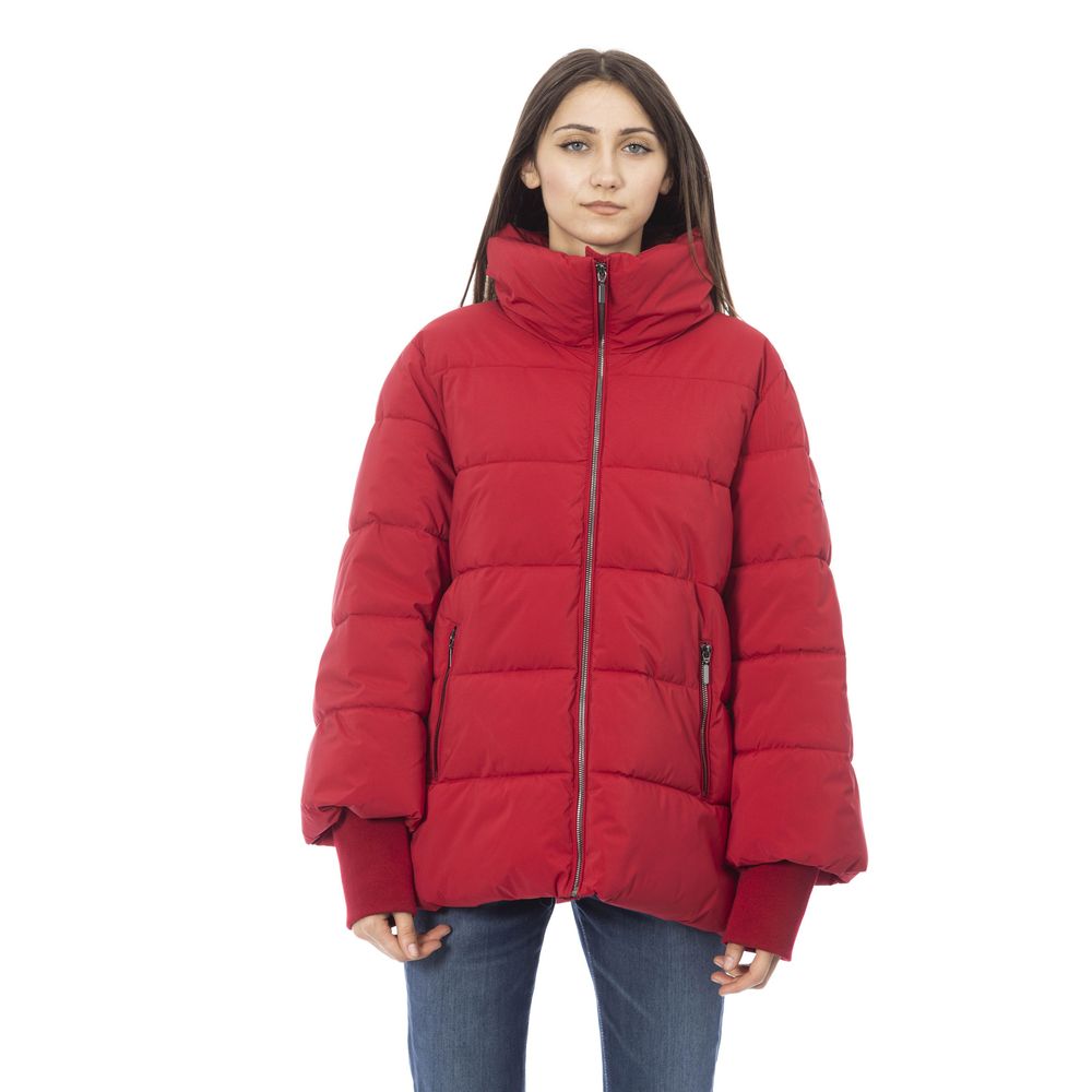 Baldinini Trend Chic Crimson Puffer Jacket na may Sleek Metal Detail