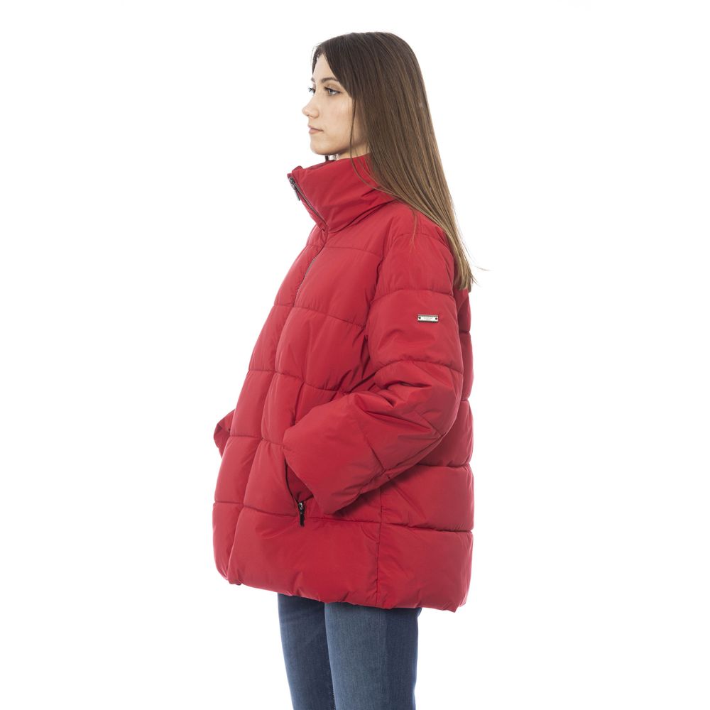 Baldinini Trend Chic Crimson Puffer Jacket na may Sleek Metal Detail