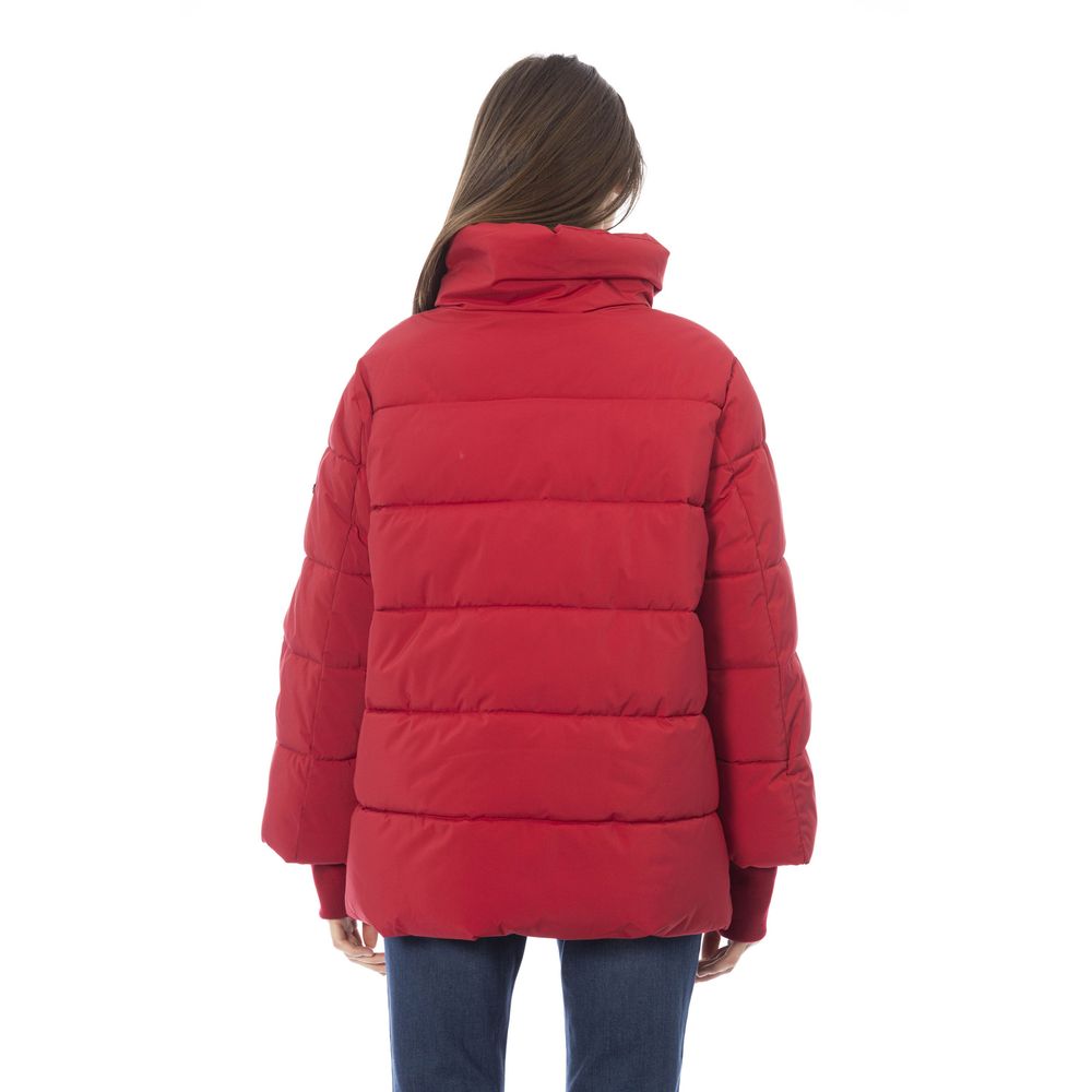 Baldinini Trend Chic Crimson Puffer Jacket na may Sleek Metal Detail