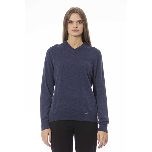 Baldinini Trend Elegant V-Neck Blue Sweater na may Ribbed Detail