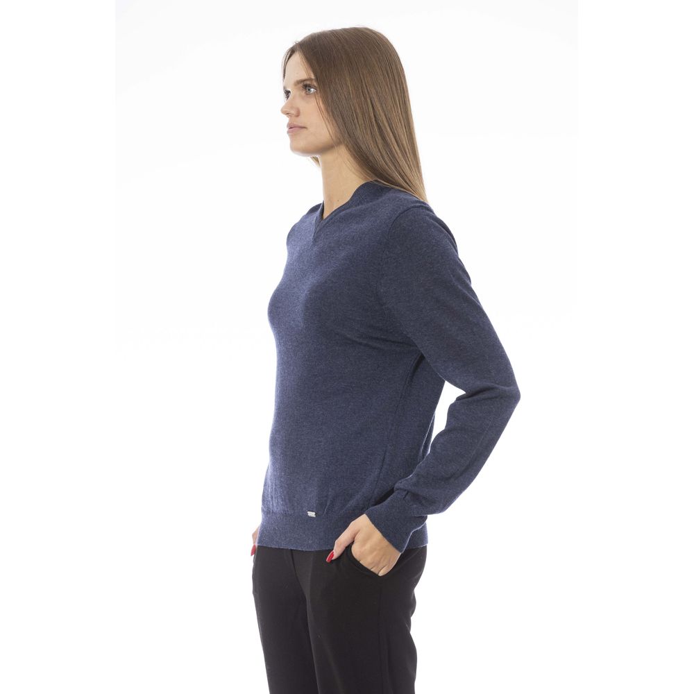 Baldinini Trend – Eleganter blauer Pullover mit V-Ausschnitt und gerippten Details