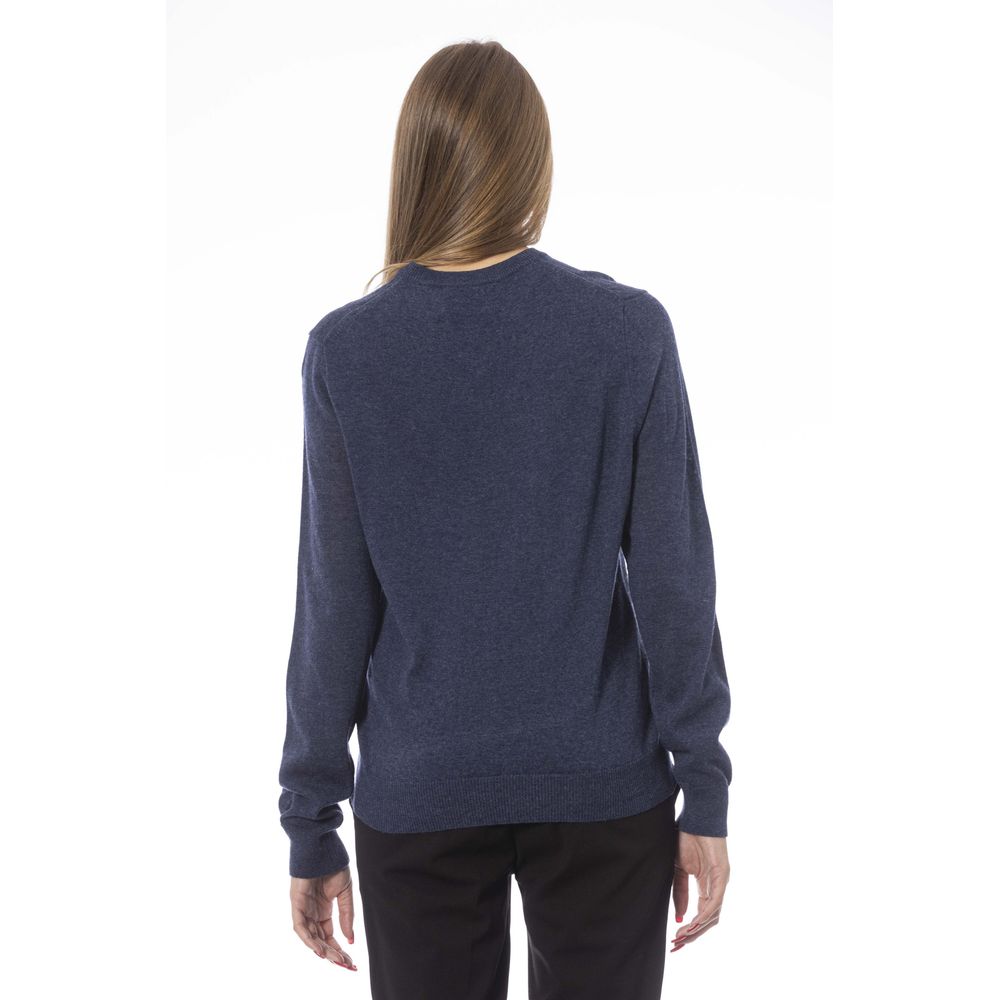 Baldinini Trend – Eleganter blauer Pullover mit V-Ausschnitt und gerippten Details