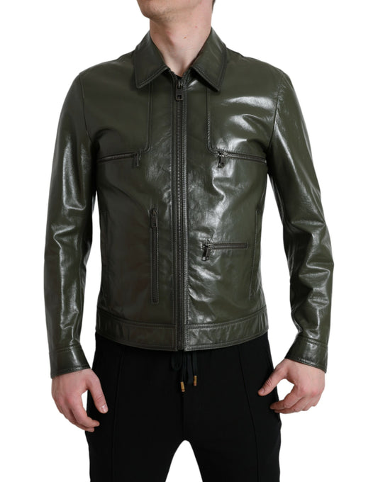 Dolce &amp; Gabbana Grüne Biker-Jacke mit durchgehendem Reißverschluss und Kragen aus Leder