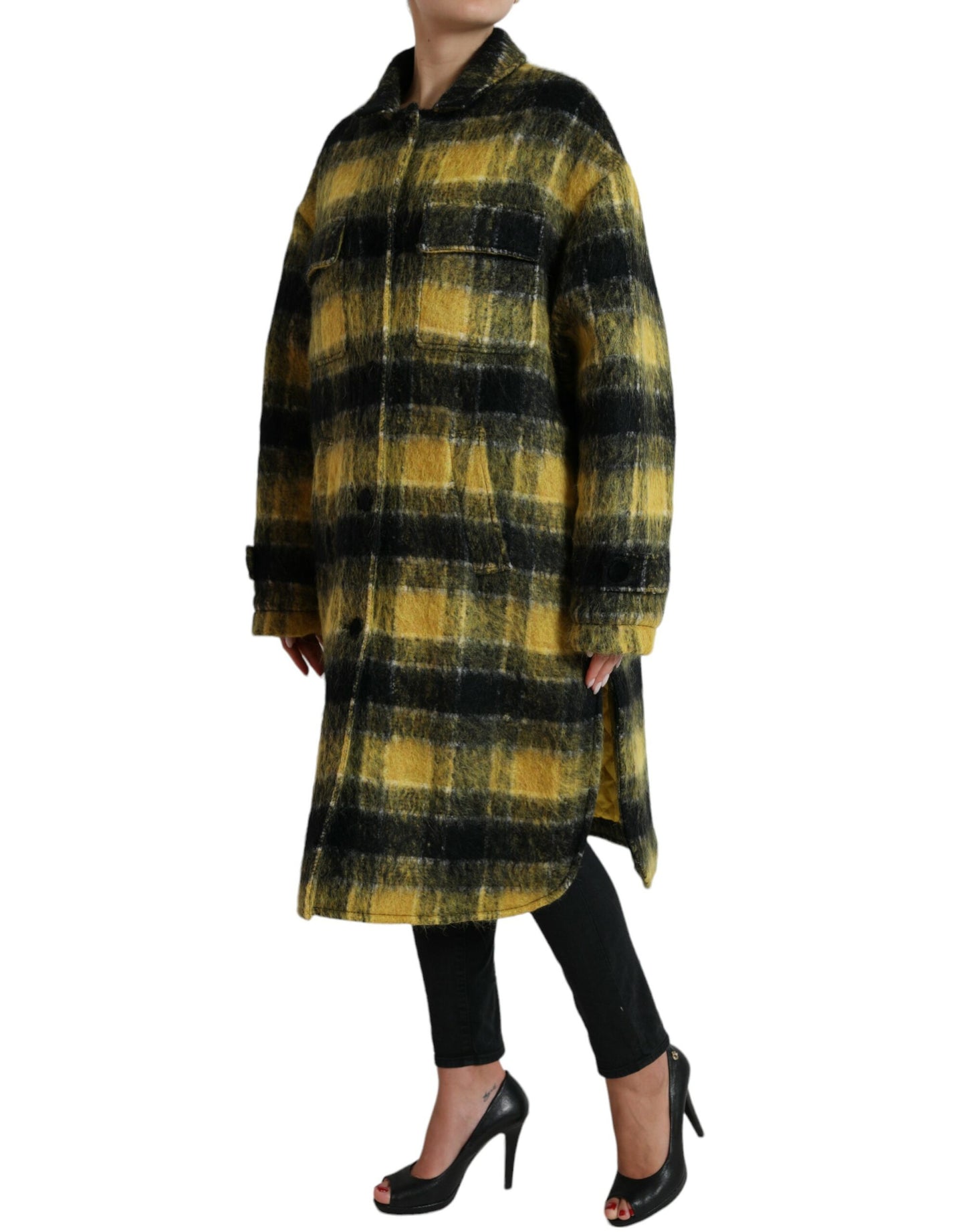 Dolce &amp; Gabbana Yellow Plaid Long Sleeve Casual Coat Jacket