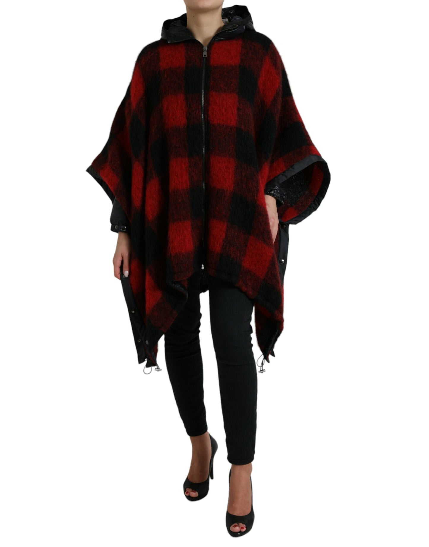 Dolce &amp; Gabbana Black Red Buffalo Check Hooded Poncho Jacket