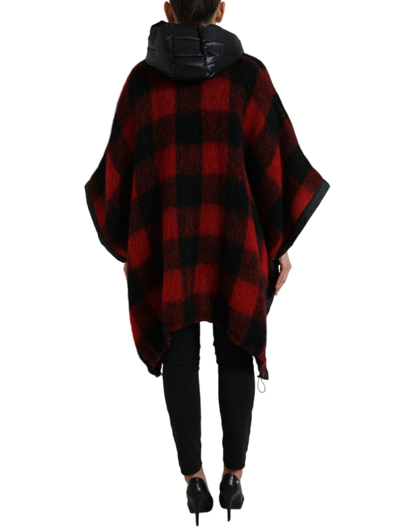 Dolce &amp; Gabbana Black Red Buffalo Check Hooded Poncho Jacket