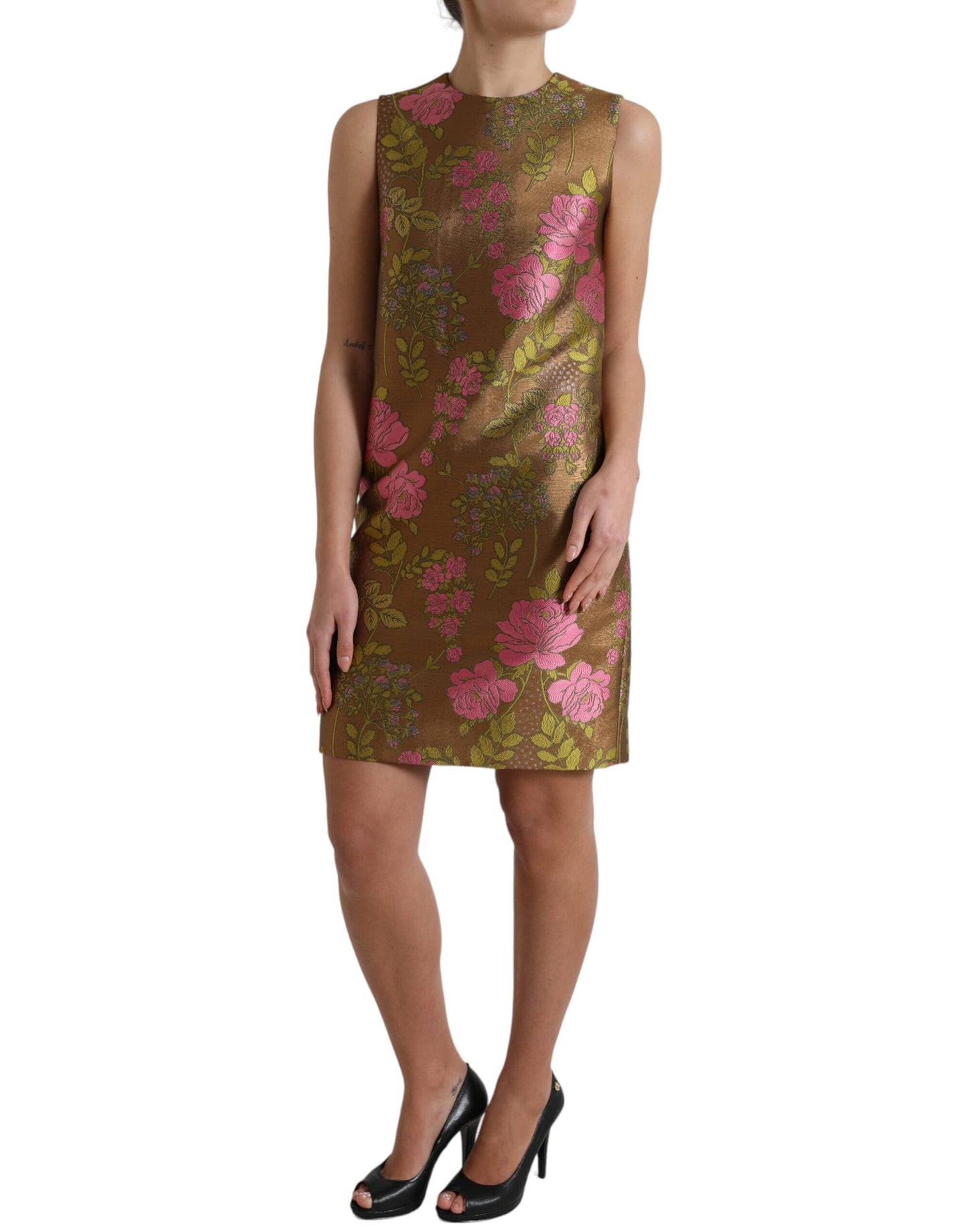 Dolce &amp; Gabbana Brown Floral Jacquard na Mini Dress na walang manggas