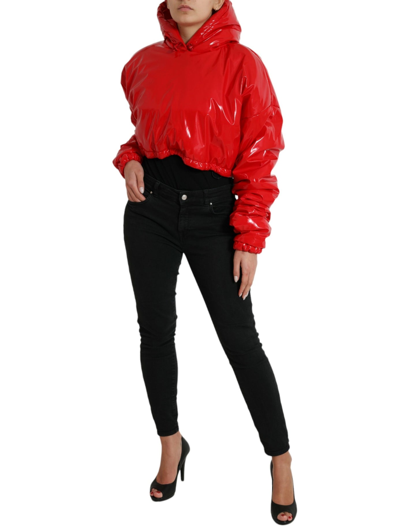 Dolce &amp; Gabbana Shiny Red Hooded Cropped Short Coat Jacket