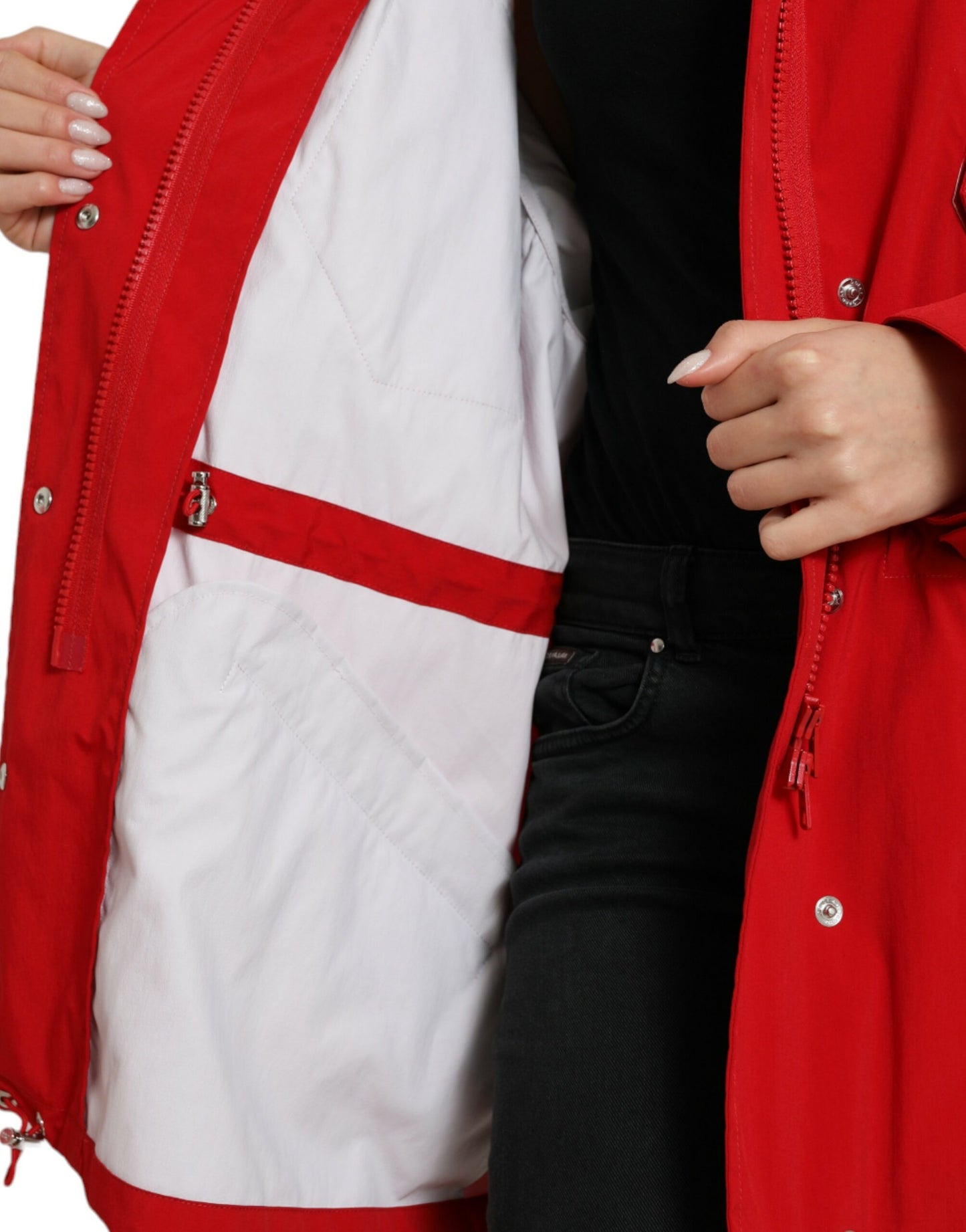 Dolce &amp; Gabbana Red Polyester Hooded Button Rain Coat Jacket