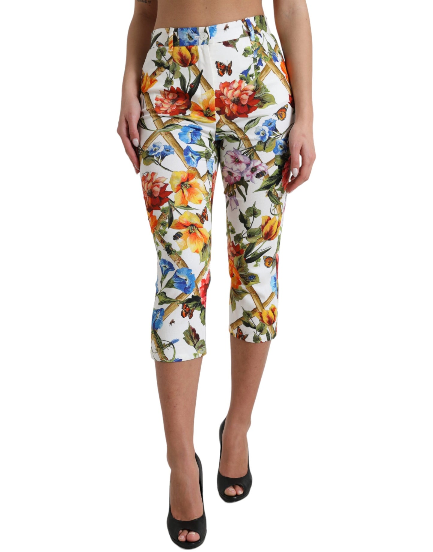 Dolce &amp; Gabbana White Majolica Print High Waist Cropped Pants