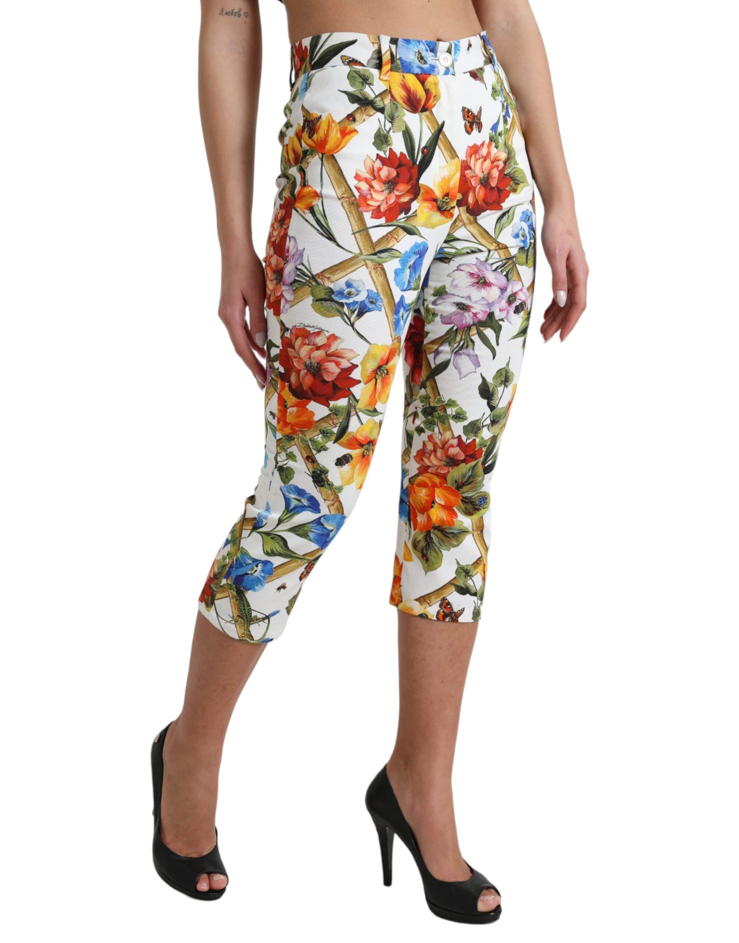 Dolce &amp; Gabbana White Majolica Print High Waist Cropped Pants