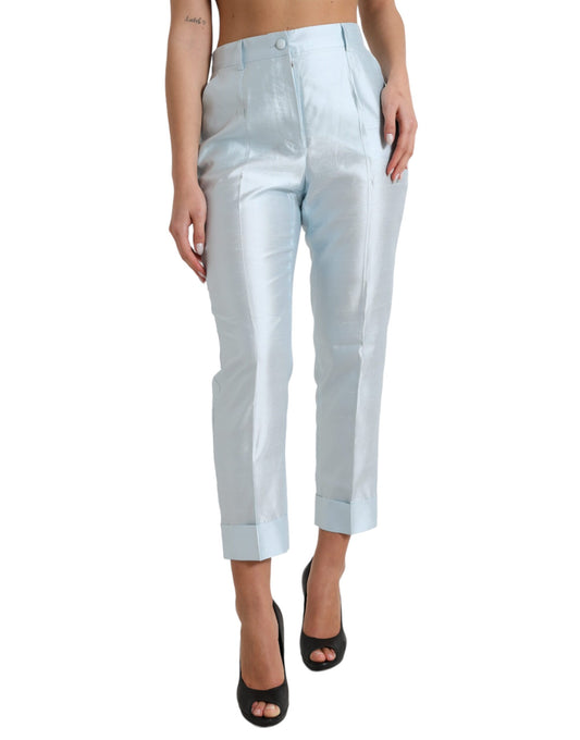 Dolce &amp; Gabbana Sky Blue Silk High Waist Folded Hem Pants