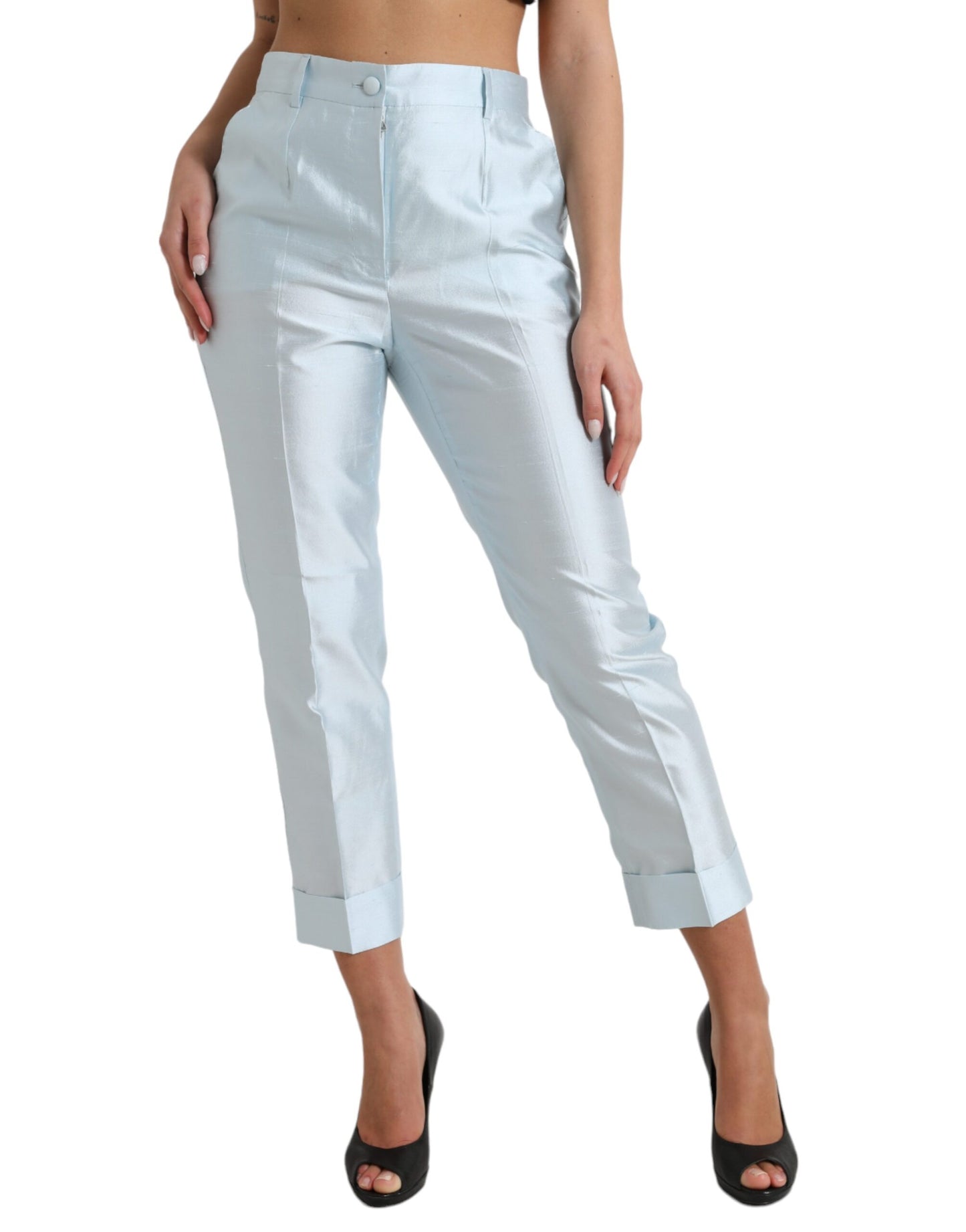 Dolce &amp; Gabbana Sky Blue Silk High Waist Folded Hem Pants