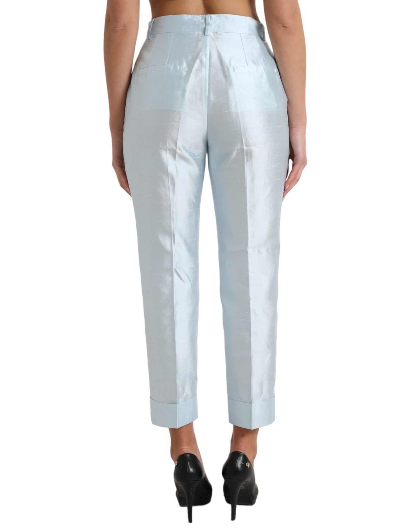 Dolce &amp; Gabbana Sky Blue Silk High Waist Folded Hem Pants