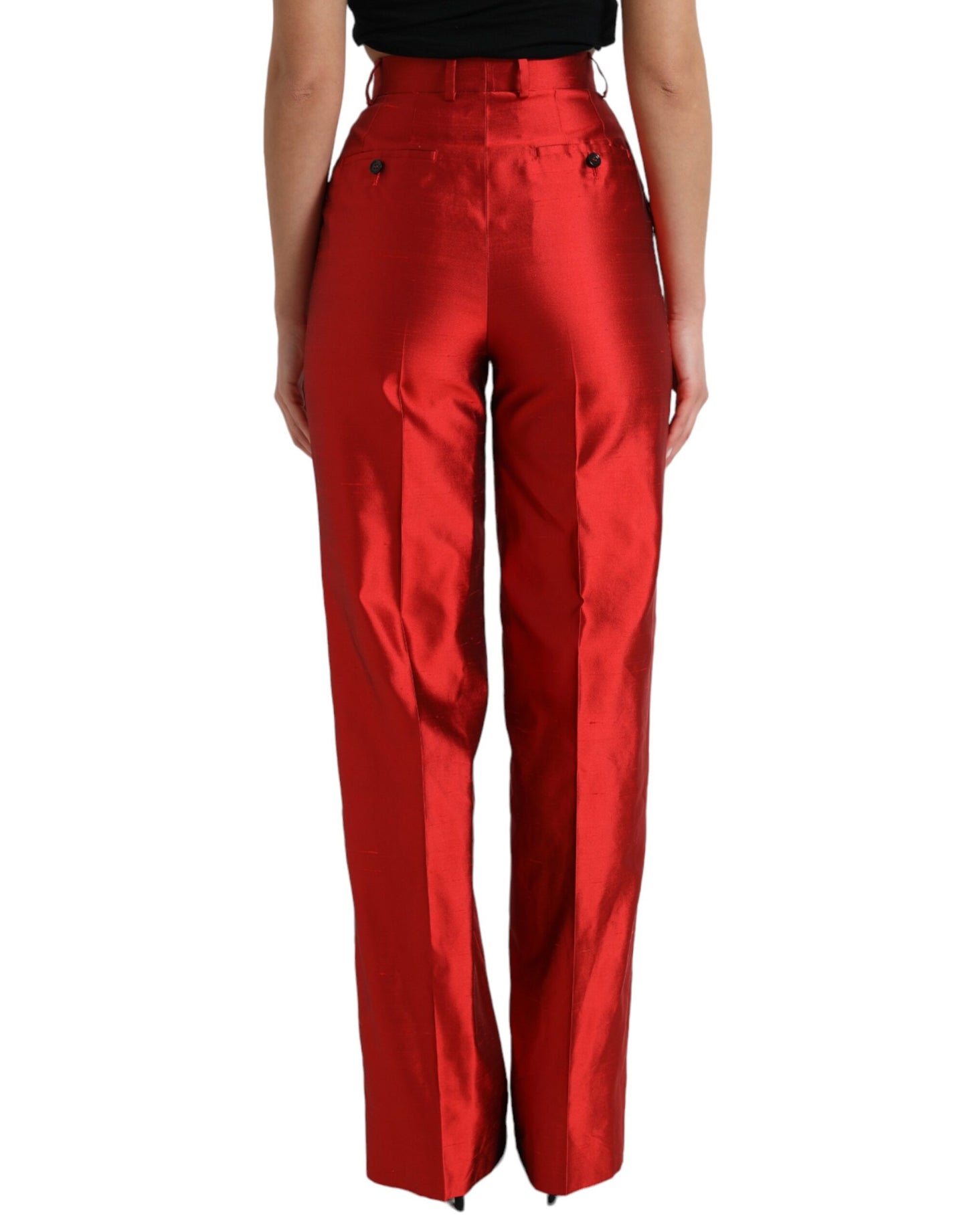 Dolce &amp; Gabbana Red Satin Silk High Waist Wide Leg Pants