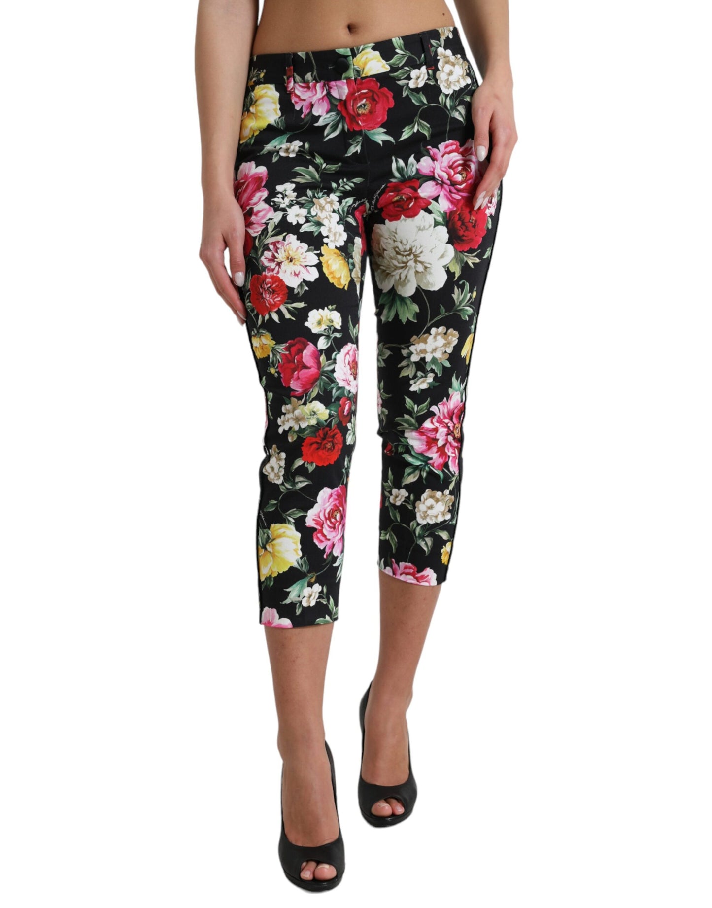 Dolce &amp; Gabbana Black Floral Print Mid Waist Cropped Pants