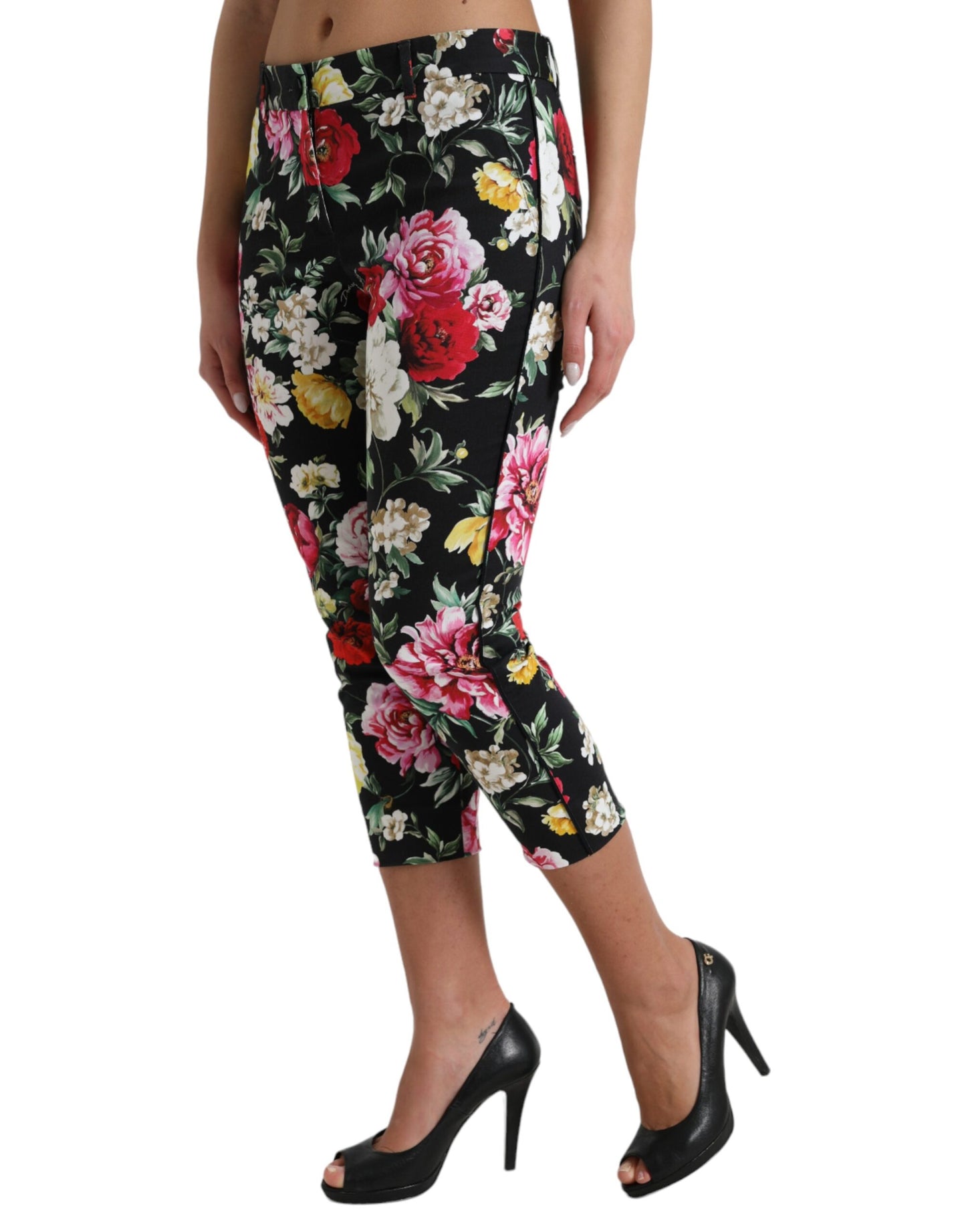 Dolce &amp; Gabbana Black Floral Print Mid Waist Cropped Pants