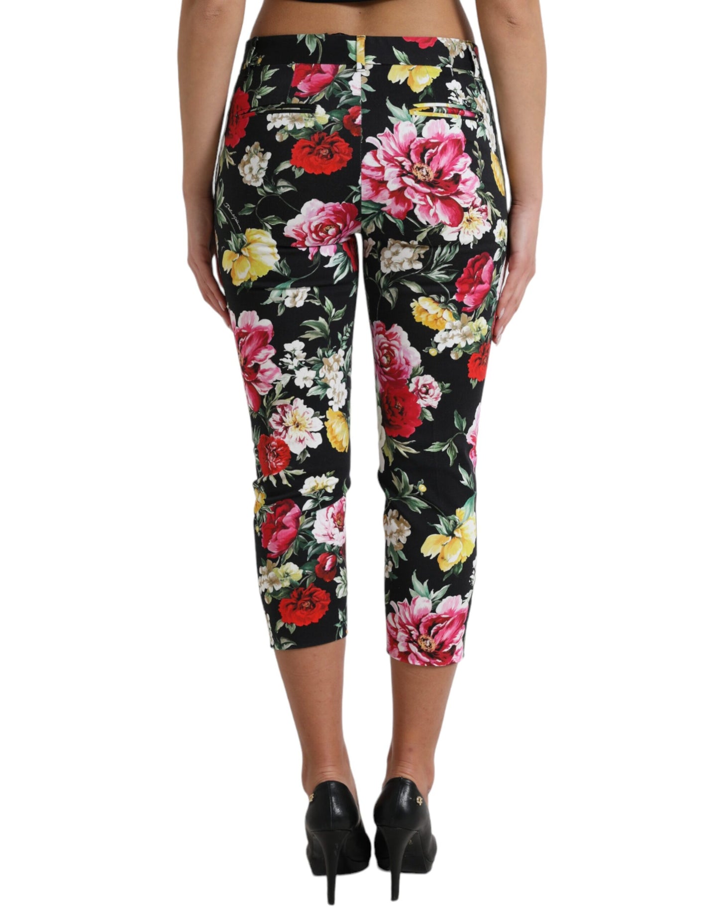 Dolce &amp; Gabbana Black Floral Print Mid Waist Cropped Pants