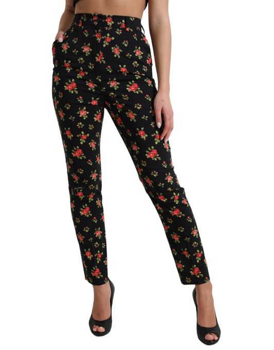 Dolce &amp; Gabbana Black Floral Wool High Waist Tapered Pants