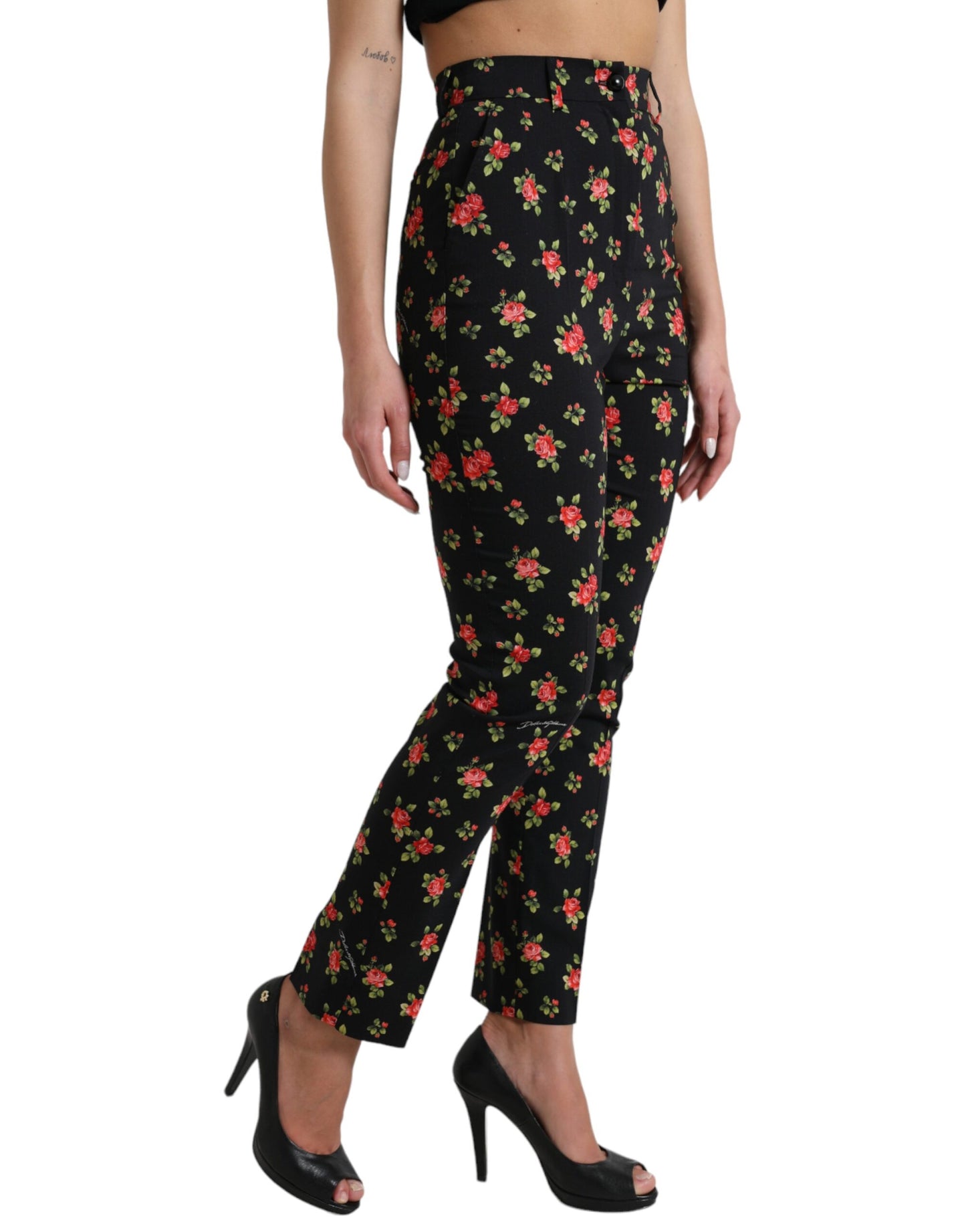 Dolce &amp; Gabbana Black Floral Wool High Waist Tapered Pants