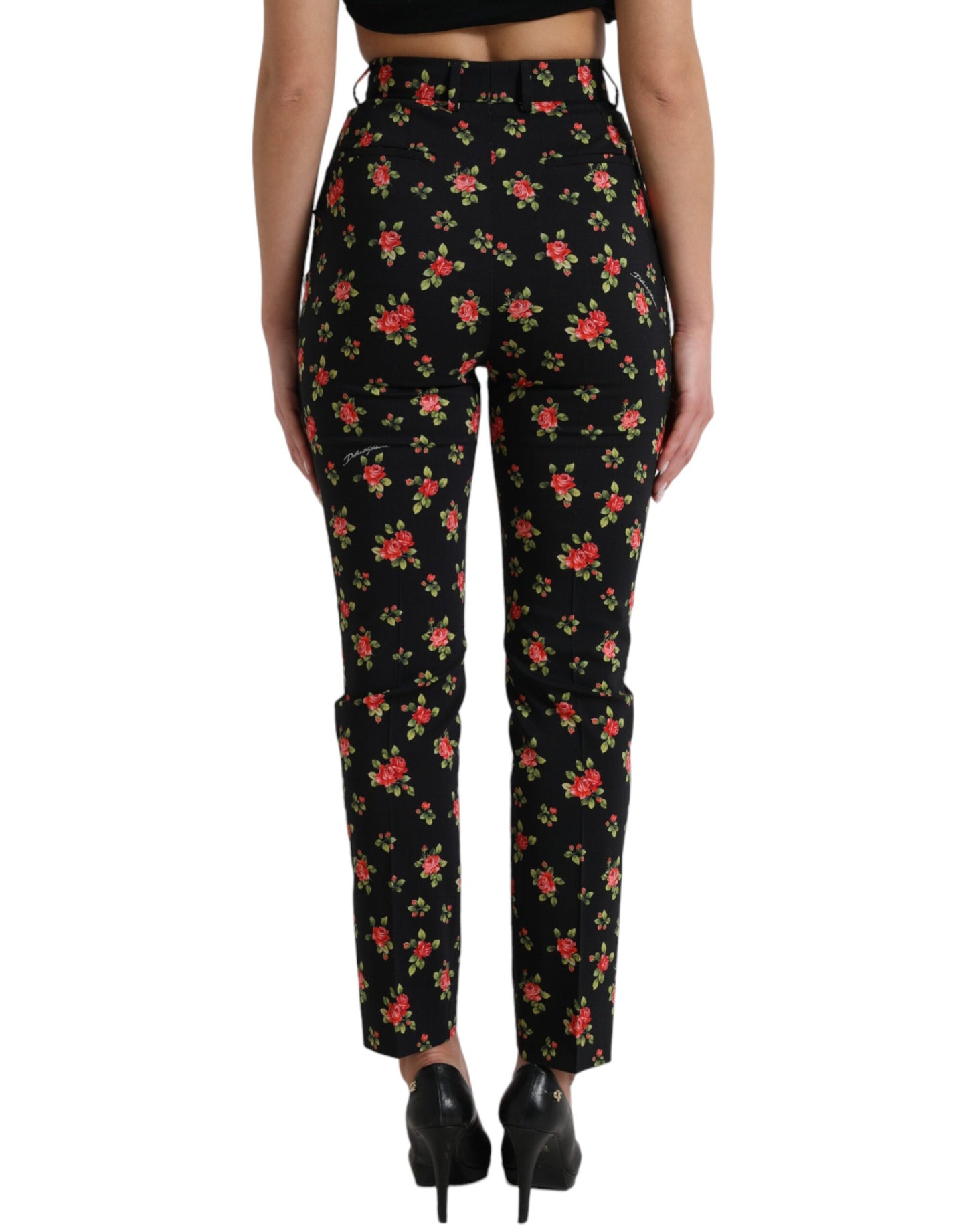 Dolce &amp; Gabbana Black Floral Wool High Waist Tapered Pants