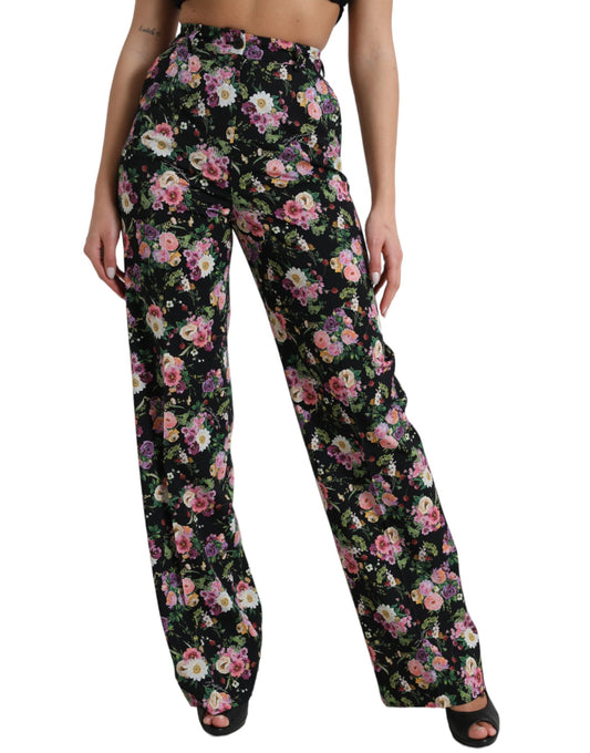 Dolce &amp; Gabbana Black Floral Wool High Waist Malapad na Pantalon sa binti