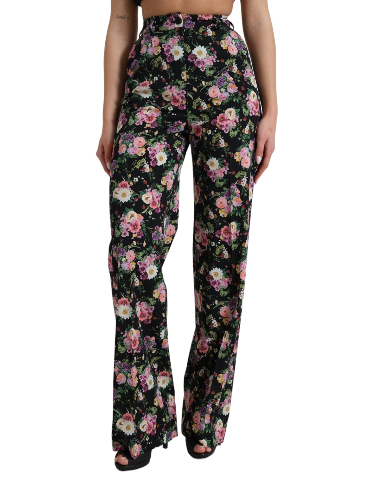 Dolce &amp; Gabbana Black Floral Wool High Waist Malapad na Pantalon sa binti